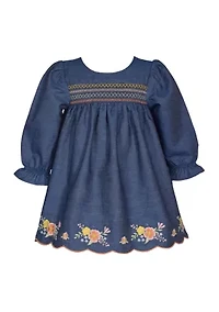 Toddler Girls Long Sleeve Denim Embroidered Dress