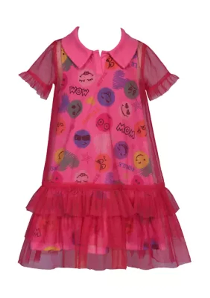 Toddler Girls Short Sleeve Emoji with Mesh Overlay Dress