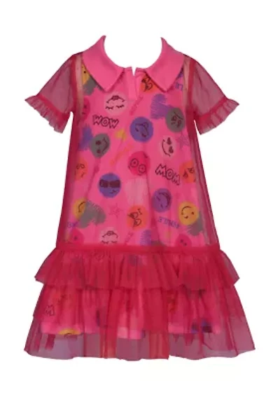 Toddler Girls Short Sleeve Emoji with Mesh Overlay Dress
