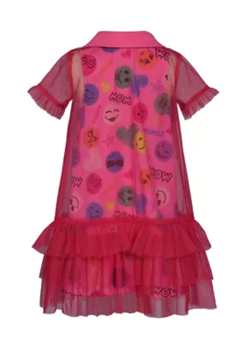 Toddler Girls Short Sleeve Emoji with Mesh Overlay Dress