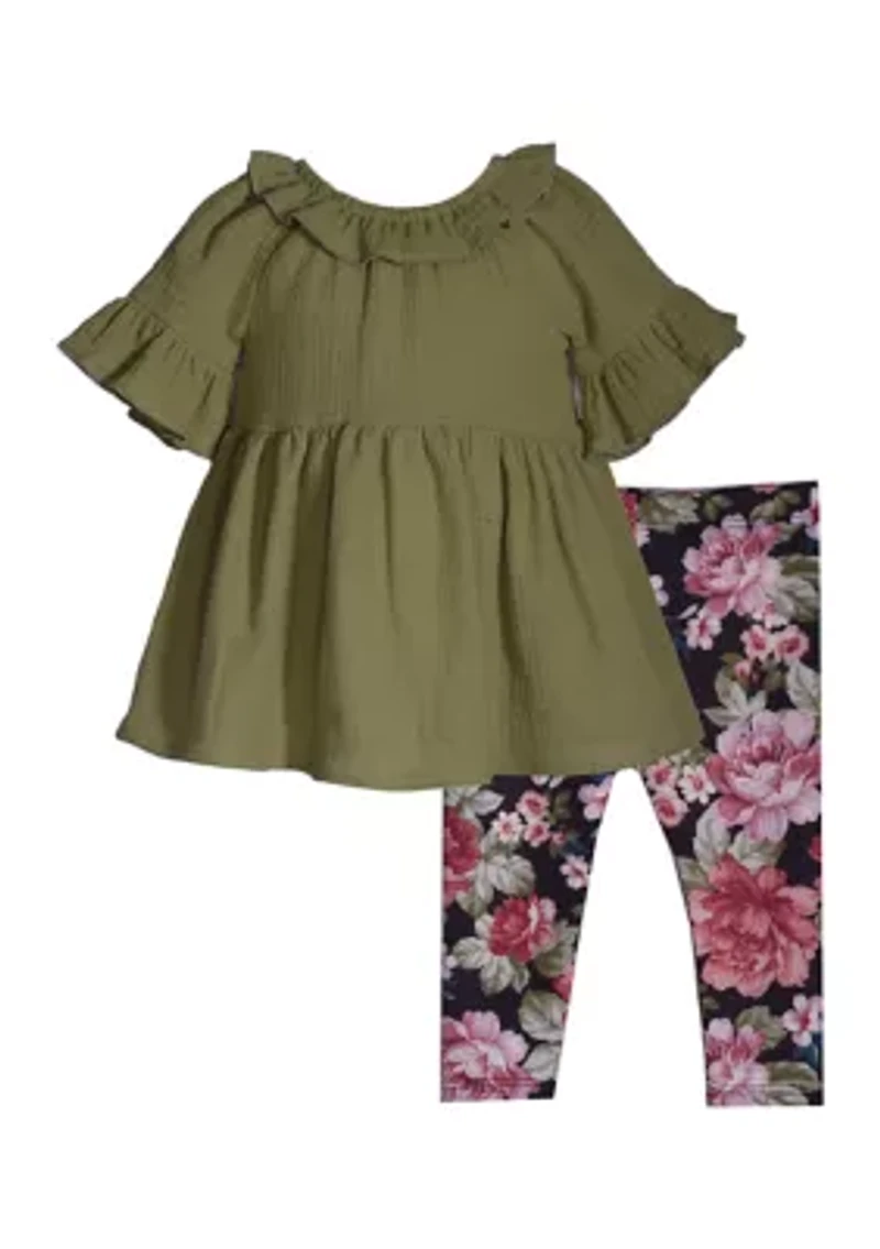 Baby Girls Gauze Top with Floral Leggings