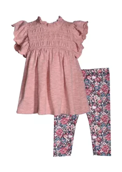 Baby Girls Short Flutter Sleeve Smocked Neck Top and Printed Leggings Set