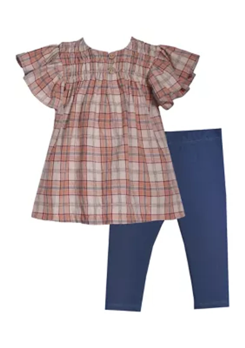 Baby Girls Plaid Gauze Flutter Sleeve Top and Leggings Set