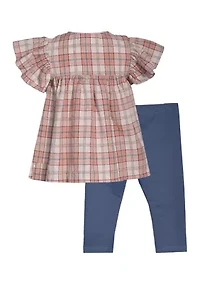 Baby Girls Plaid Gauze Flutter Sleeve Top and Leggings Set