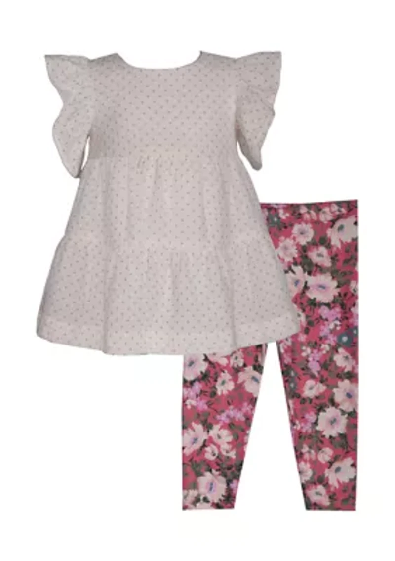 Baby Girls Flutter Sleeve Tiered Metallic Top and Printed Leggings Set