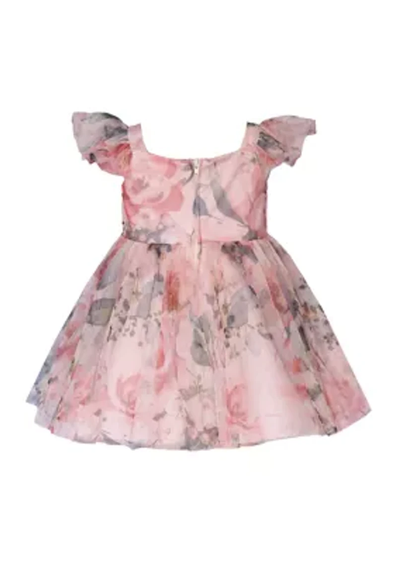 Baby Girls Floral Mesh Dress with Ruched Bodice