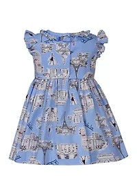Baby Girls Paris Printed Smocked Ruffle Dress