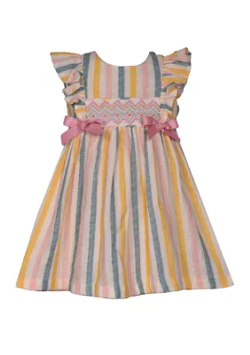 Baby Girls Flutter Sleeve Stripe Smocked Dress