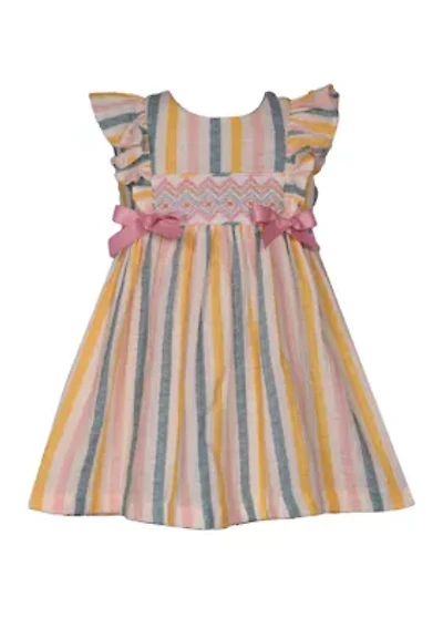 Baby Girls Flutter Sleeve Stripe Smocked Dress