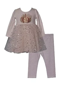 Toddler Girls Pumpkin Sequin Appliqué Top and Leggings Set