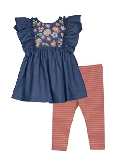 Baby Girls Flutter Sleeve Embroidered Top with Leggings