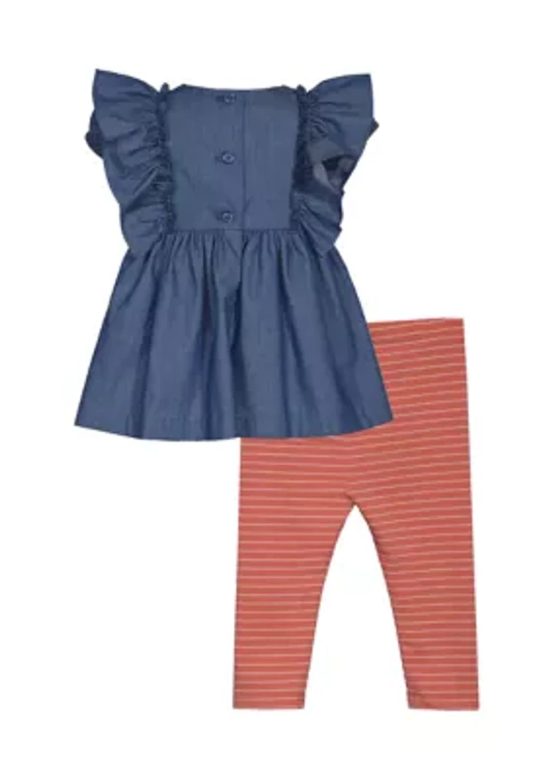 Baby Girls Flutter Sleeve Embroidered Top with Leggings