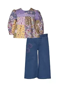 Baby Girls 3/4 Sleeve Boho Patchwork Top with Denim Pants