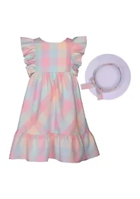 Toddler Girls Sleeveless Multi Plaid Linen Dress and Hat Set