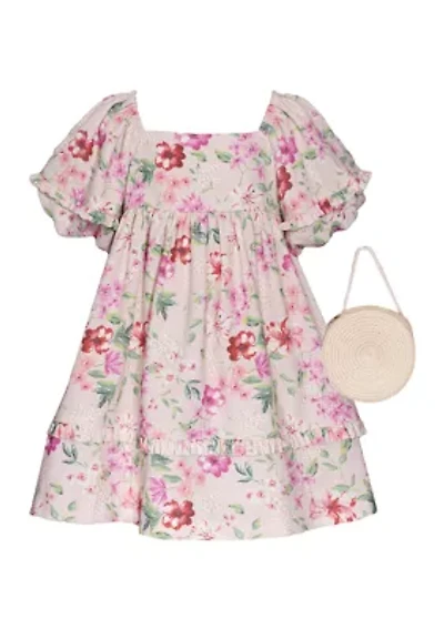 Toddler Girls Floral Printed Dress with Purse