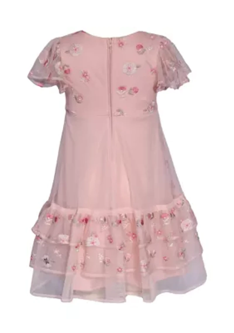 Toddler Girls Embroidered Mesh Ruffle Dress
