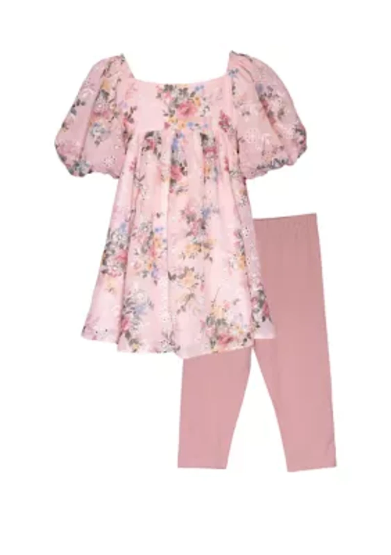 Toddler Girls Floral Printed Puff Sleeve Top and Leggings Set