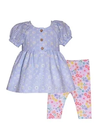 Toddler Girls Embroidered Gauze Top and Printed Leggings Set