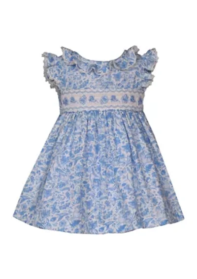 Toddler Girls Flutter Sleeve Toile Smocked Printed Dress