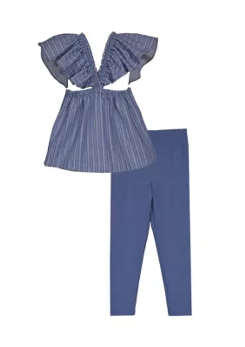 Toddler Girls Flutter Sleeve Chambray Top and Leggings Set