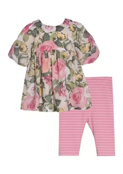Baby Girls Puff Sleeve Floral Printed Top and Leggings Set