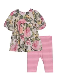 Baby Girls Puff Sleeve Floral Printed Top and Leggings Set