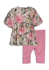Baby Girls Puff Sleeve Floral Printed Top and Leggings Set