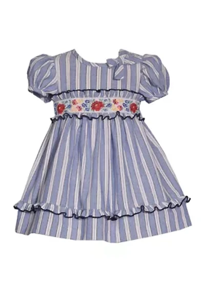 Baby Girls Striped Chambray Embroidered Dress