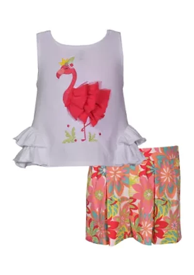 Toddler Girls Flamingo Appliqué Top and Printed Shorts Set