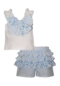 Toddler Girls Bow Seersucker Top and Shorts Set