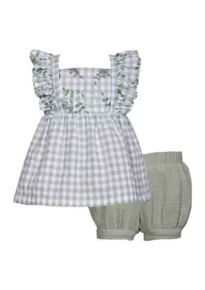 Baby Girls Embroidered Ruffle Gauze Shorts Set
