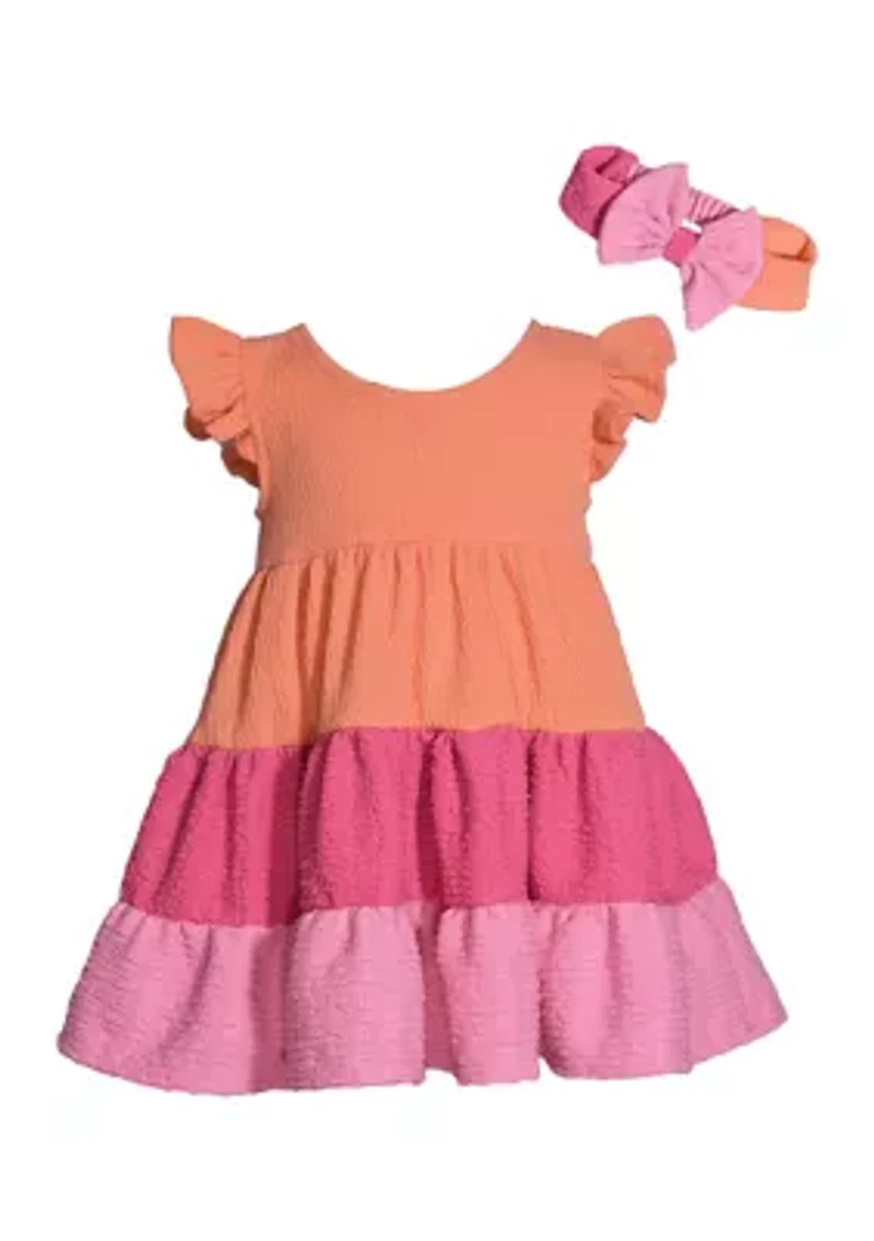 Baby Girls Color Block Tiered Dress with Headband