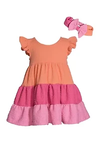 Baby Girls Color Block Tiered Dress with Headband