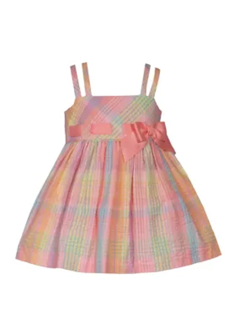 Baby Girls Double Strap Plaid Seersucker Bow Dress