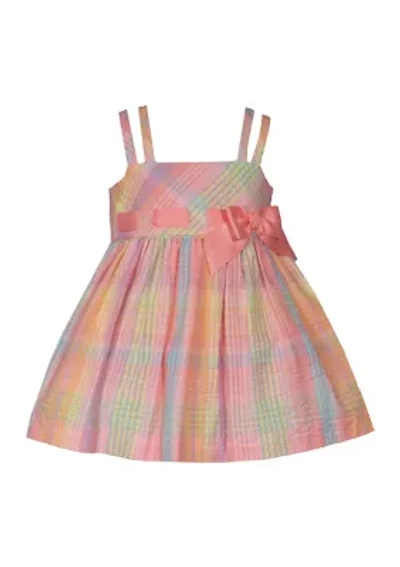 Baby Girls Double Strap Plaid Seersucker Bow Dress
