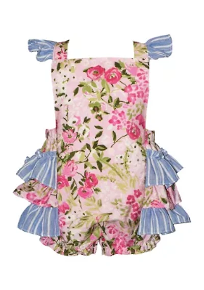 Baby Girls Flutter Sleeve Mixed Media Bubble Romper