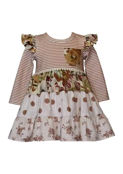Toddler Girls Long Sleeve Mixed Media Tiered Dress