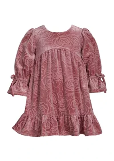 Toddler Girls Long Tied Bell Sleeve Embossed Velvet Dress