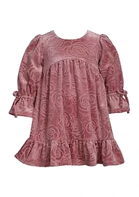 Toddler Girls Long Tied Bell Sleeve Embossed Velvet Dress