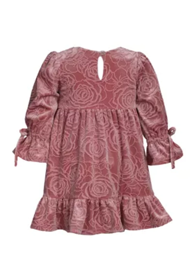 Toddler Girls Long Tied Bell Sleeve Embossed Velvet Dress