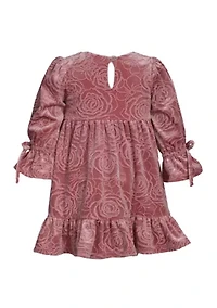 Toddler Girls Long Tied Bell Sleeve Embossed Velvet Dress