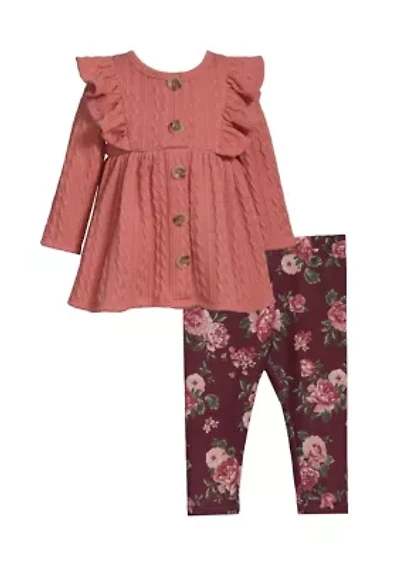 Toddler Girls Long Sleeve Button Front Top and Printed Leggings Set