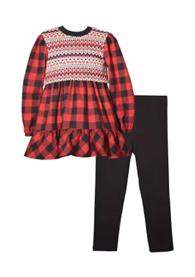 Baby Girls Long Sleeve Buffalo Check Top and Ribbed Leggings Set