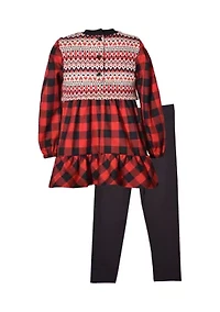 Baby Girls Long Sleeve Buffalo Check Top and Ribbed Leggings Set