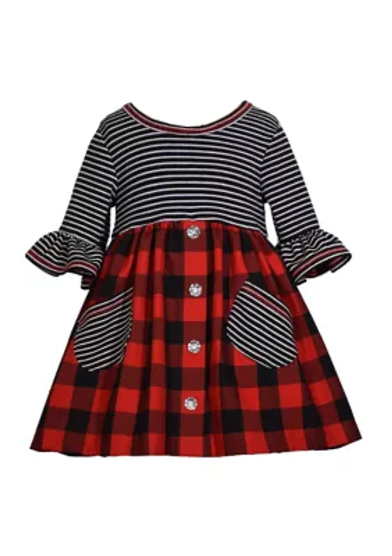 Baby Girls 3/4 Sleeve Knit Plaid Babydoll Dress