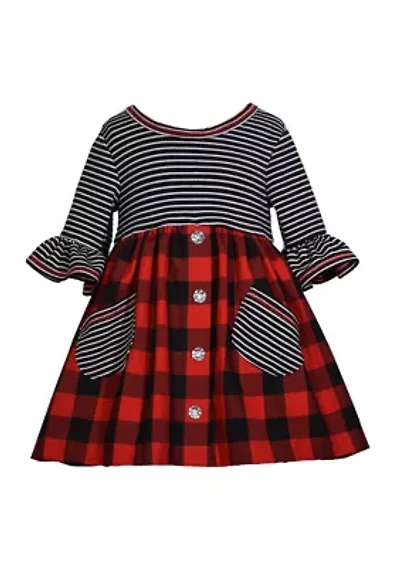 Baby Girls 3/4 Sleeve Knit Plaid Babydoll Dress