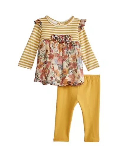 Baby Girls Striped Floral Printed Top and Leggings Set
