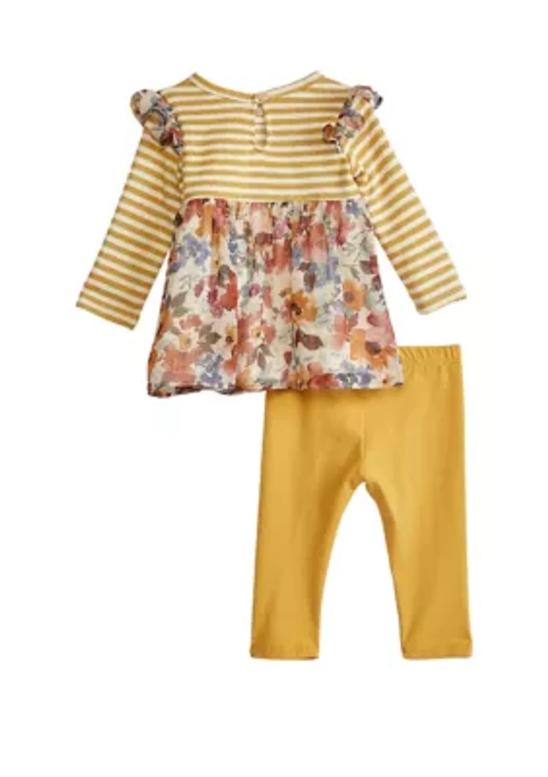 Baby Girls Striped Floral Printed Top and Leggings Set