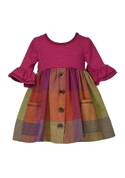 Baby Girls Plaid Multi Printed Bell Sleeve Dress