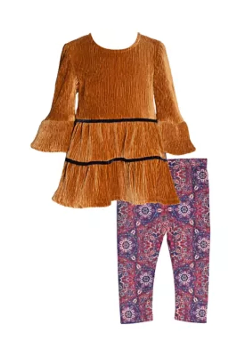 Toddler Girls Tiered Velvet Top and Printed Leggings Set